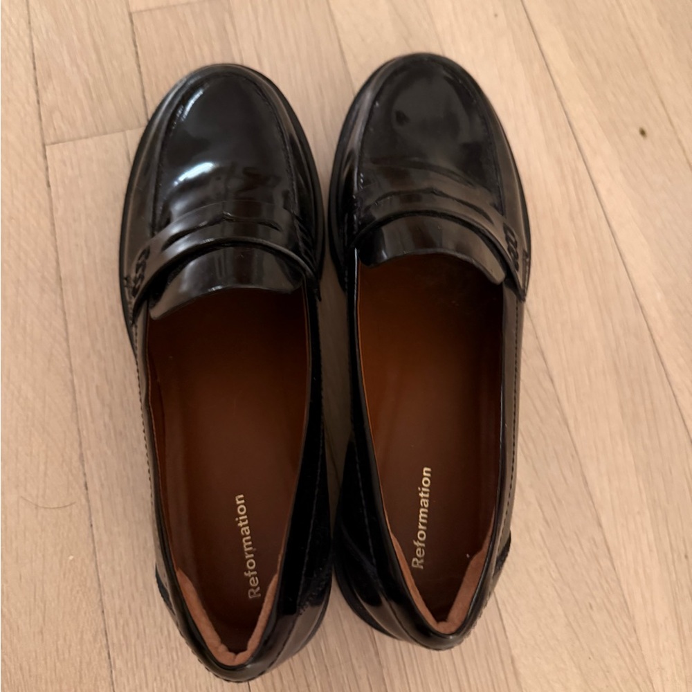 Reformation Glossy Black Loafers